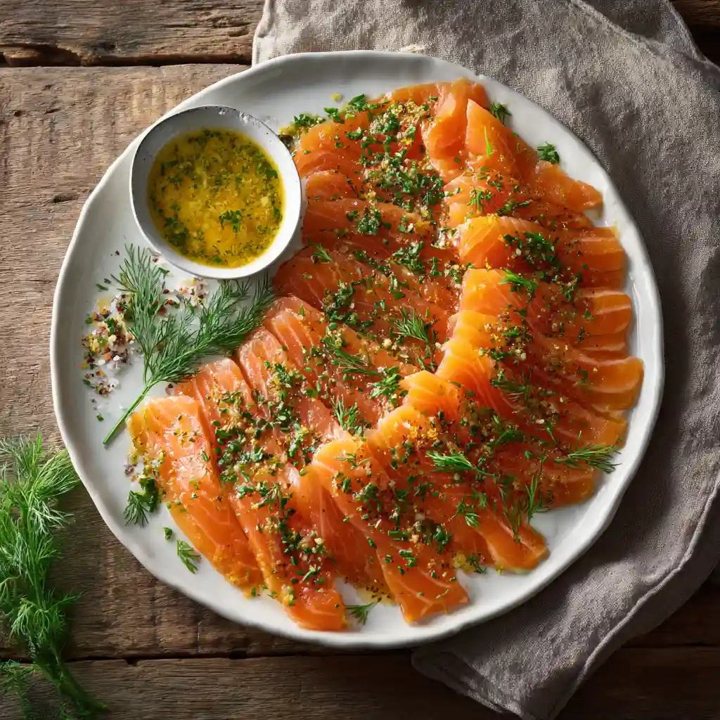 Saumon gravlax tranché finement avec aneth frais et sauce moutarde, préparé selon la recette du Chef Benoît