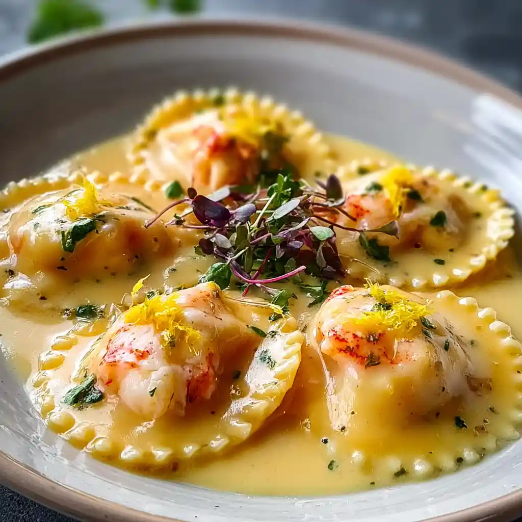 Raviolis au homard servis avec sauce et zestes