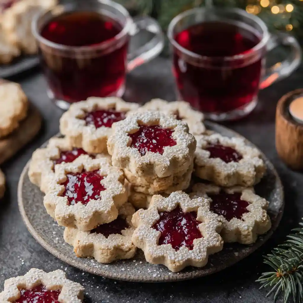 Bredele à la confiture servis avec thé dans ambiance Noël