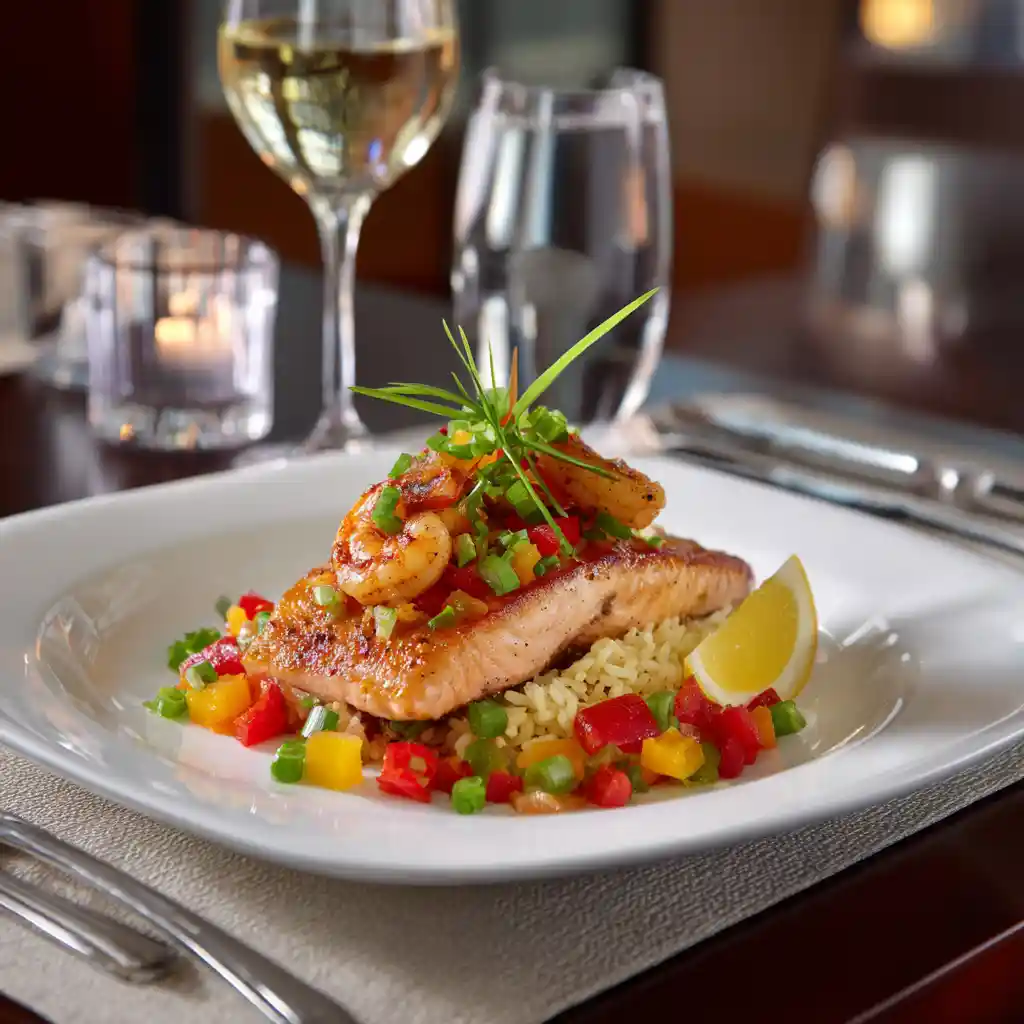 Plat de saumon et crevettes cajun élégamment dressé et prêt à être servi, avec garniture de citron et oignons verts