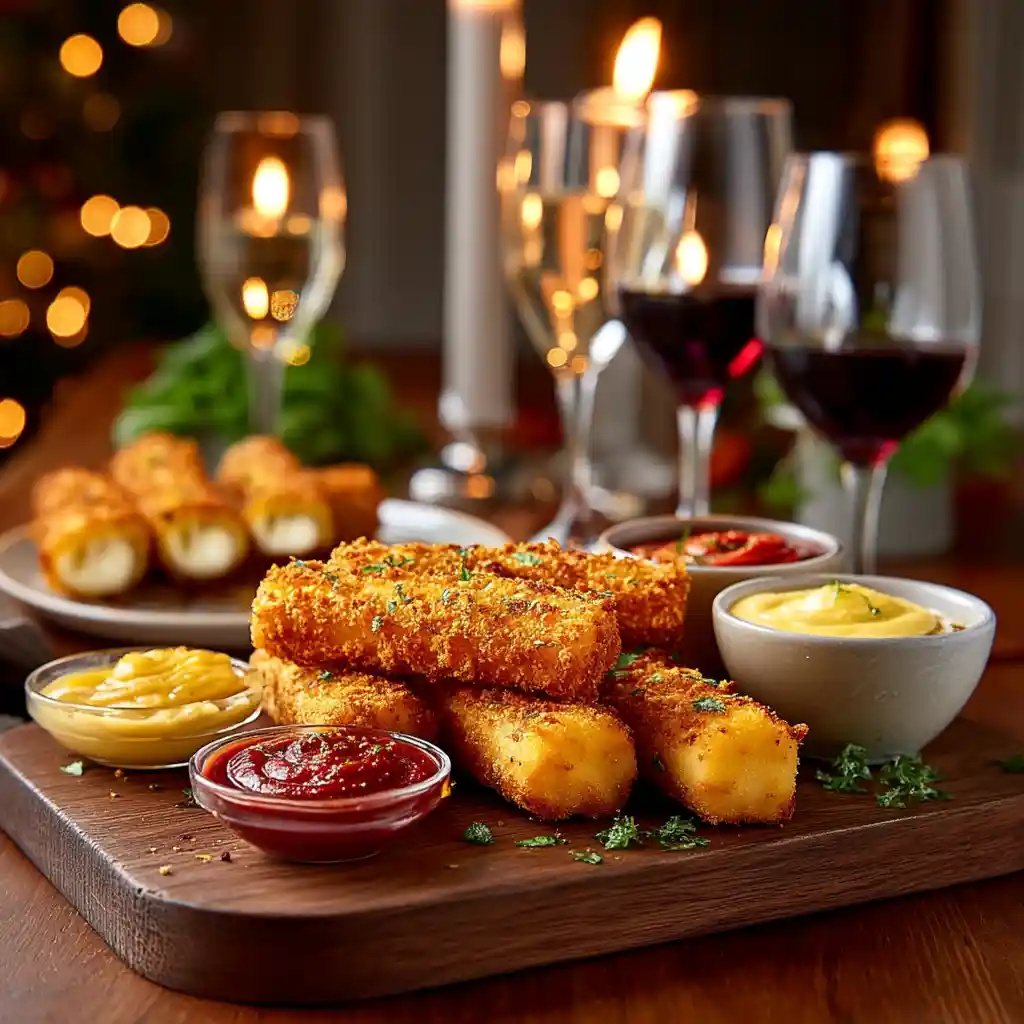 Plateau d'apéritif avec bâtonnets de mozzarella chauds, sauce trempette et verres de vin dans ambiance conviviale
