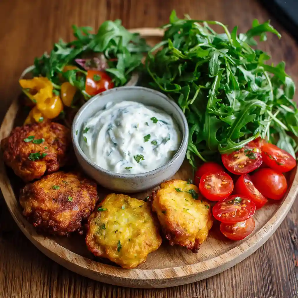 Beignets de feta servis en apéritif avec tzatziki et salade de roquette sur table méditerranéenne
