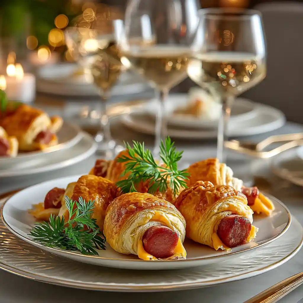 Plateau d'apéritif avec croissants au saucisse servis lors d'une réception élégante