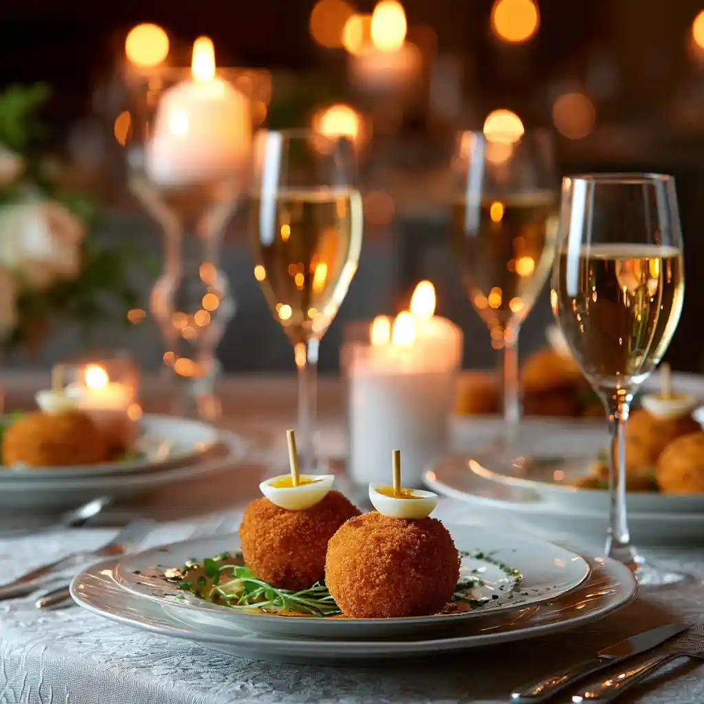 Mini croquettes de crabe servies sur assiette blanche avec verres de vin blanc en arrière-plan pour apéritif élégant