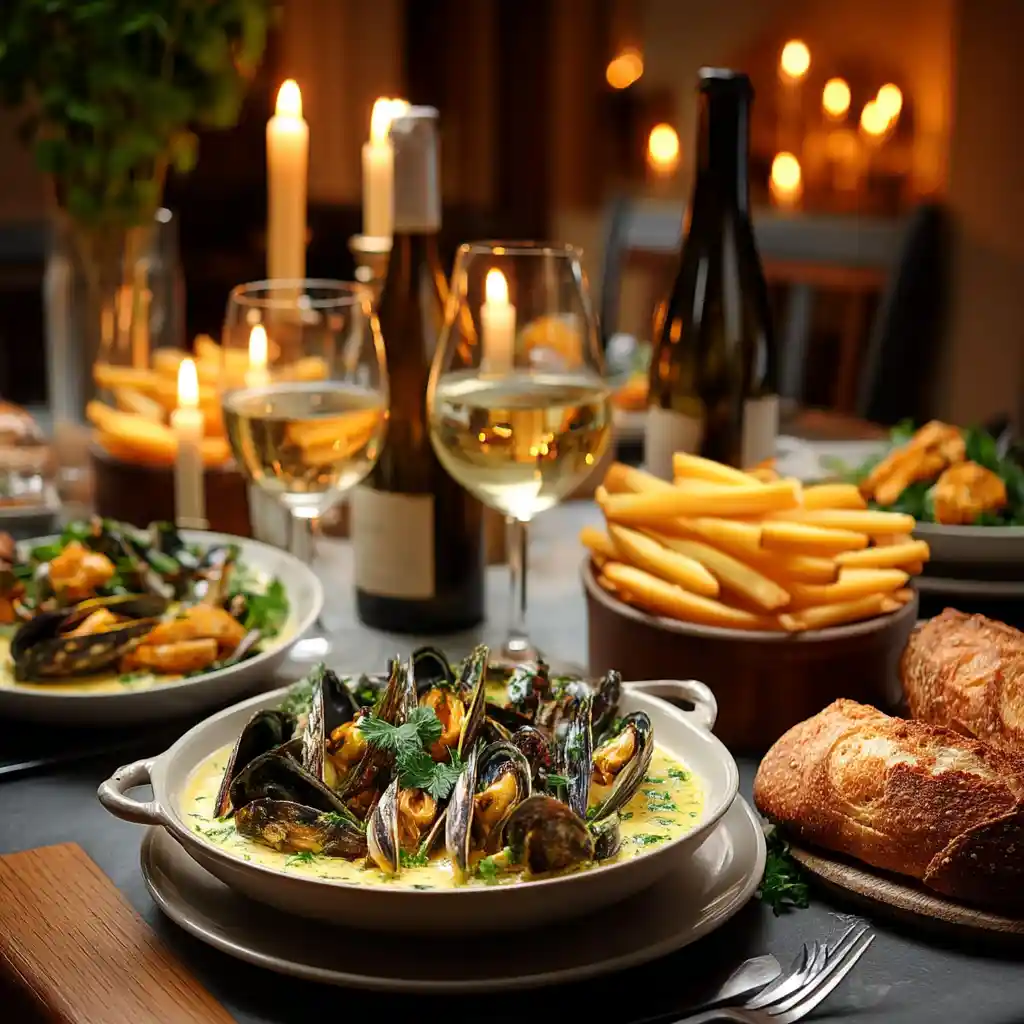 Service de la mouclade charentaise à table avec frites maison et vin blanc, moment convivial à la française