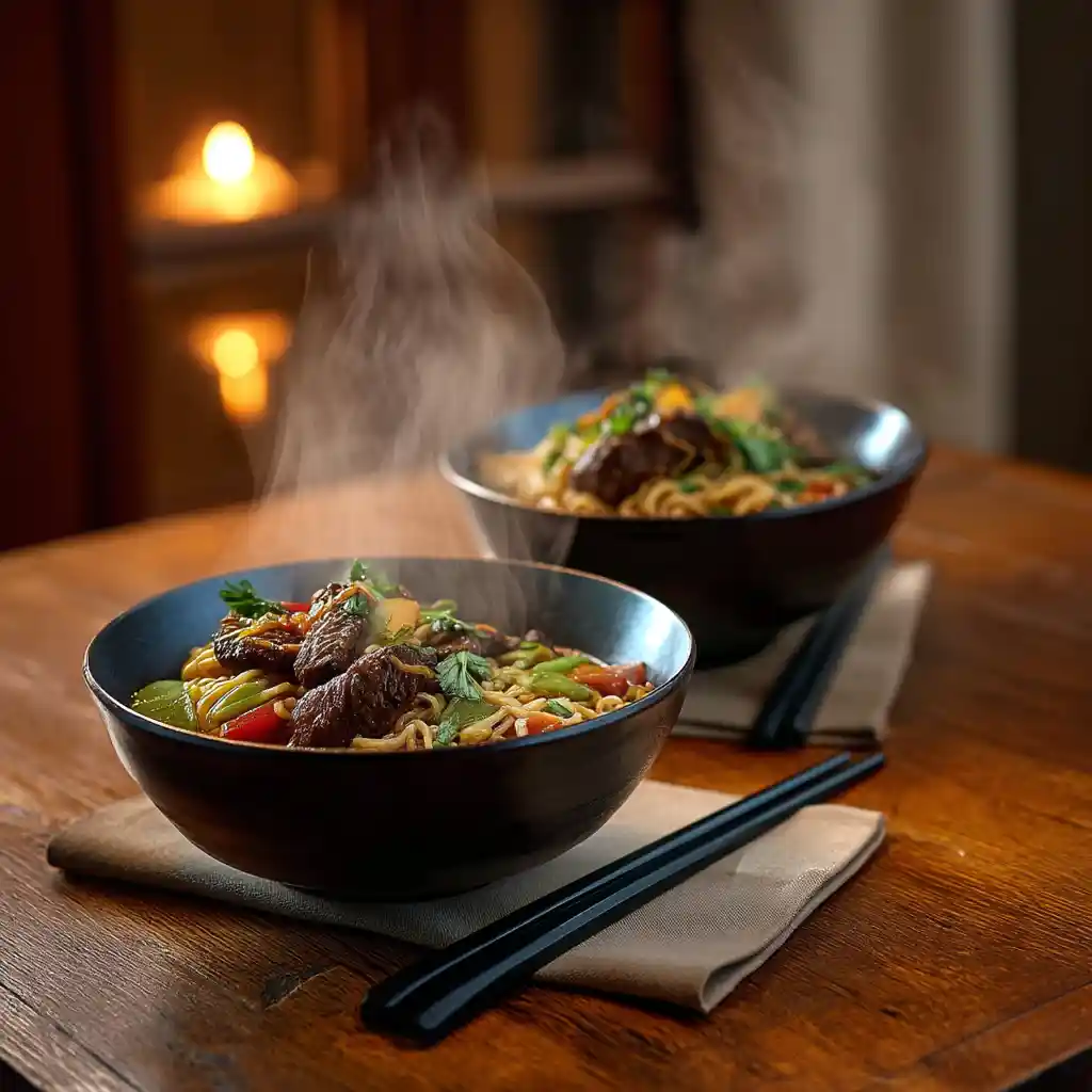 Service de nouilles asiatiques au bœuf avec baguettes chinoises et présentation restaurant