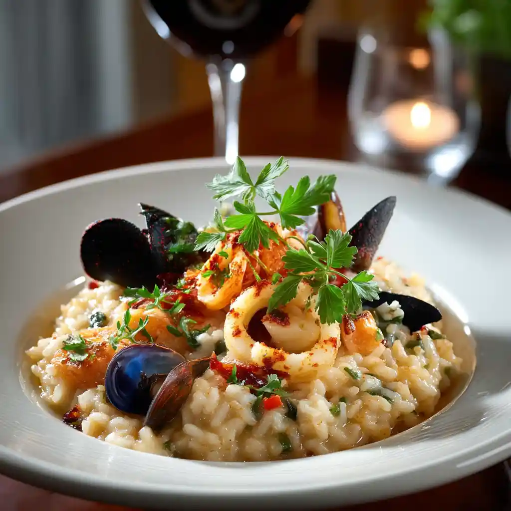 Portion individuelle de risotto aux fruits de mer servie dans assiette creuse avec crevettes et moules visibles