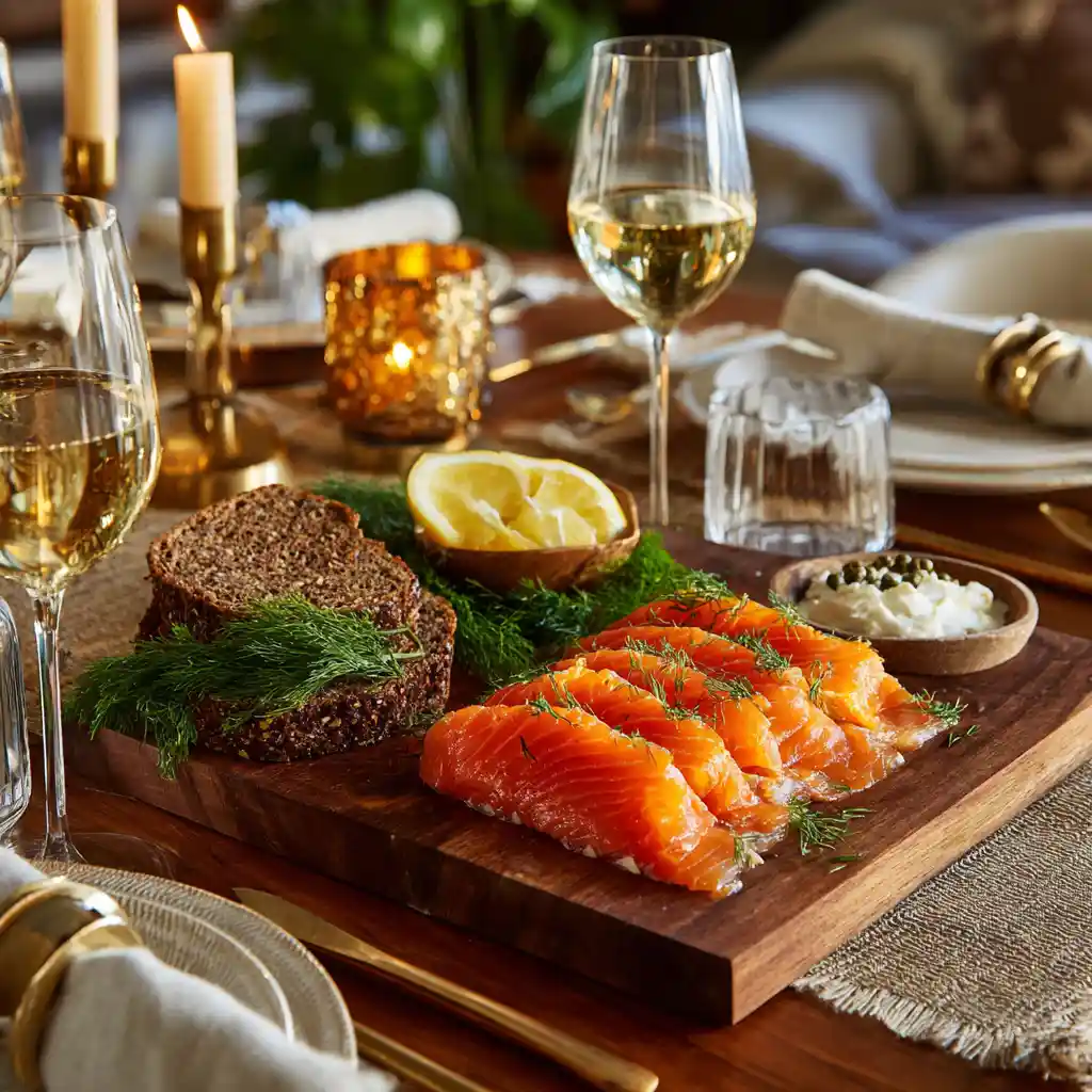 "Service du saumon gravlax sur table dressée avec pain noir, crème fraîche et accompagnements