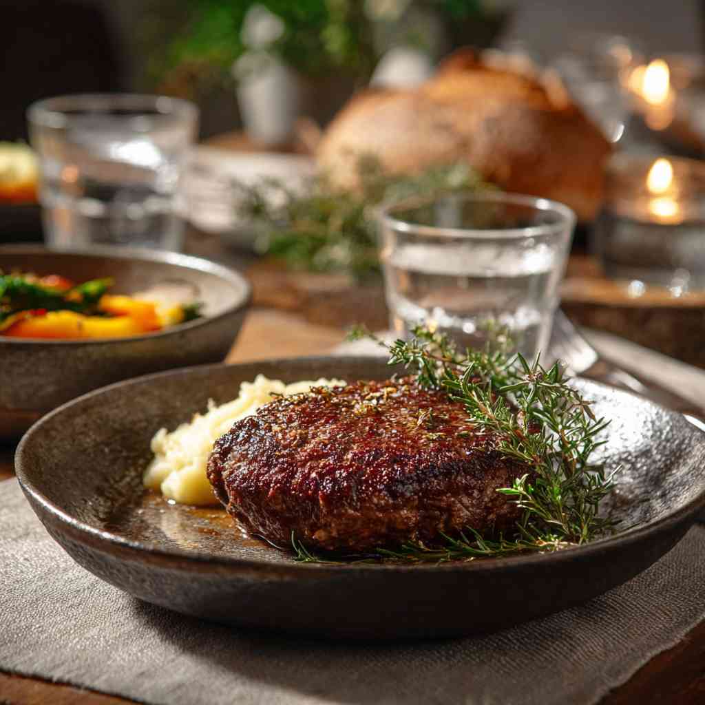 Steaks hachés à l'ancienne servis à table pour un repas familial traditionnel français