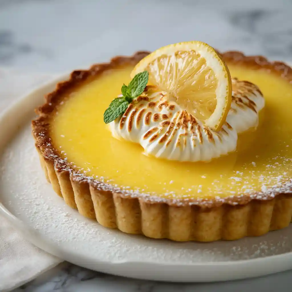 Part tarte citron servie élégamment crème fraîche