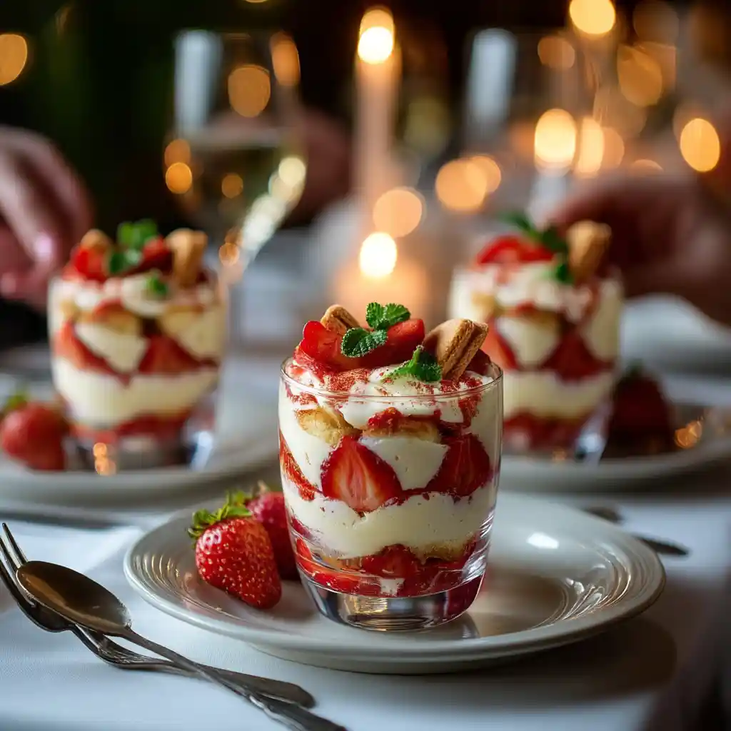 Service élégant de tiramisu à la fraise en verrines individuelles sur table dressée