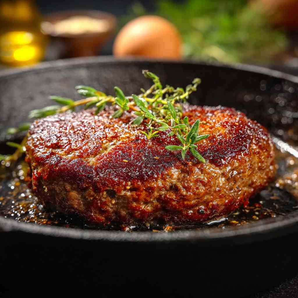 Steak haché à l'ancienne doré dans une poêle en fonte, recette traditionnelle du Chef Benoît