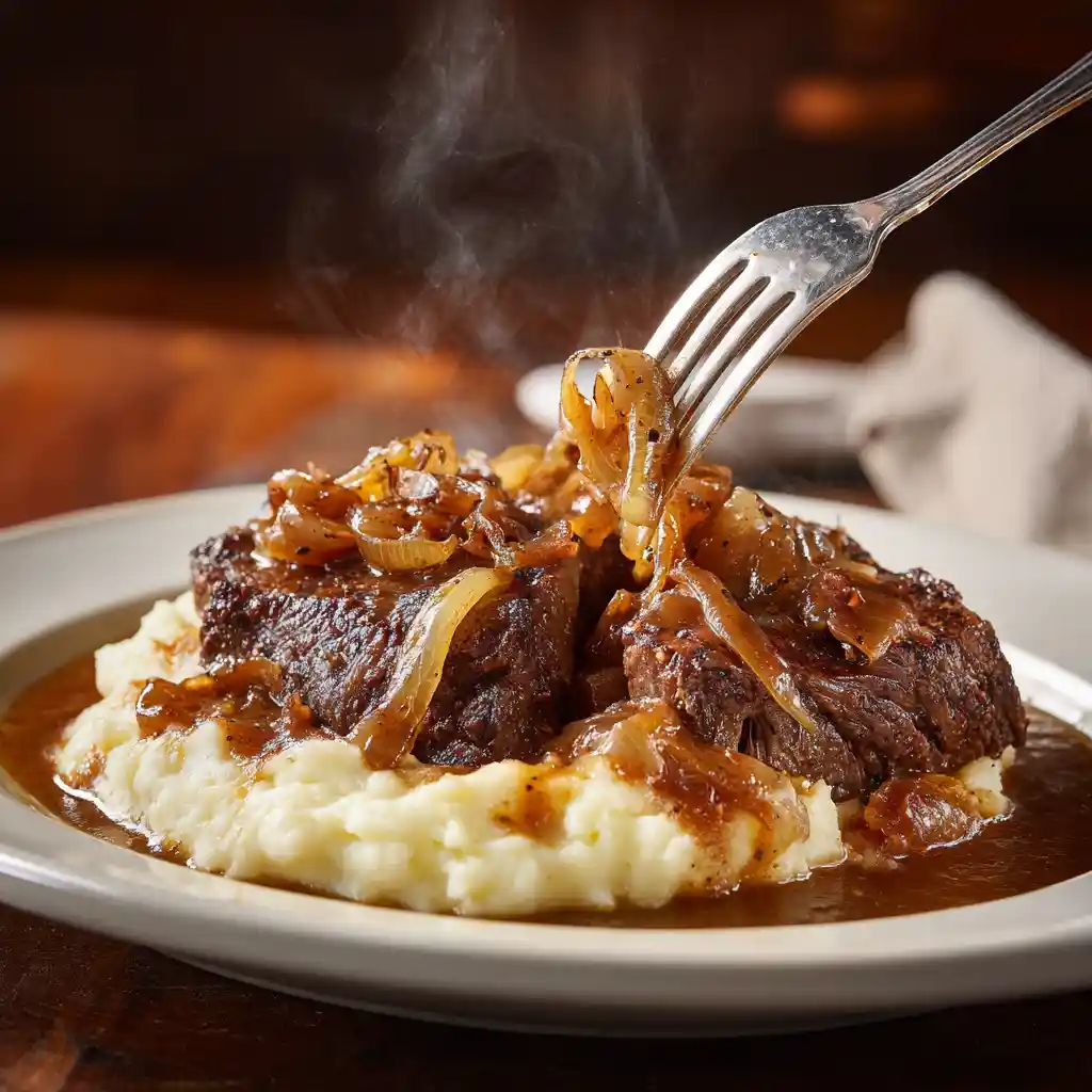 Steaks de faux-filet du Mississippi mijotés dans une sauce riche aux oignons caramélisés, dressés dans une assiette blanche avec purée de pommes de terre