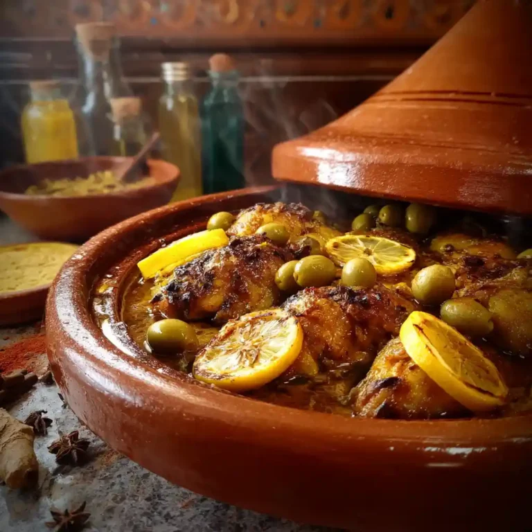 Tajine de poulet aux olives et citron fumant dans un plat en terre cuite traditionnel marocain sur une table rustique