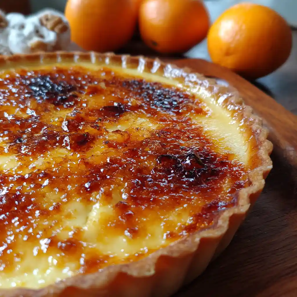 Tarte crème brûlée à l'orange caramélisée avec surface dorée craquante sur fond blanc élégant