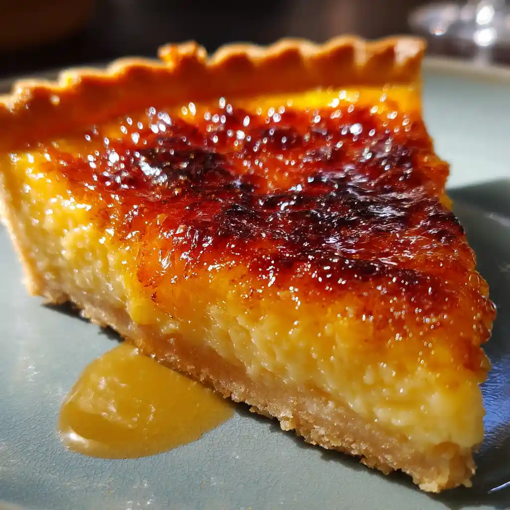 Portion de tarte crème brûlée servie dans assiette blanche avec caramel craquant et cuillère vintage