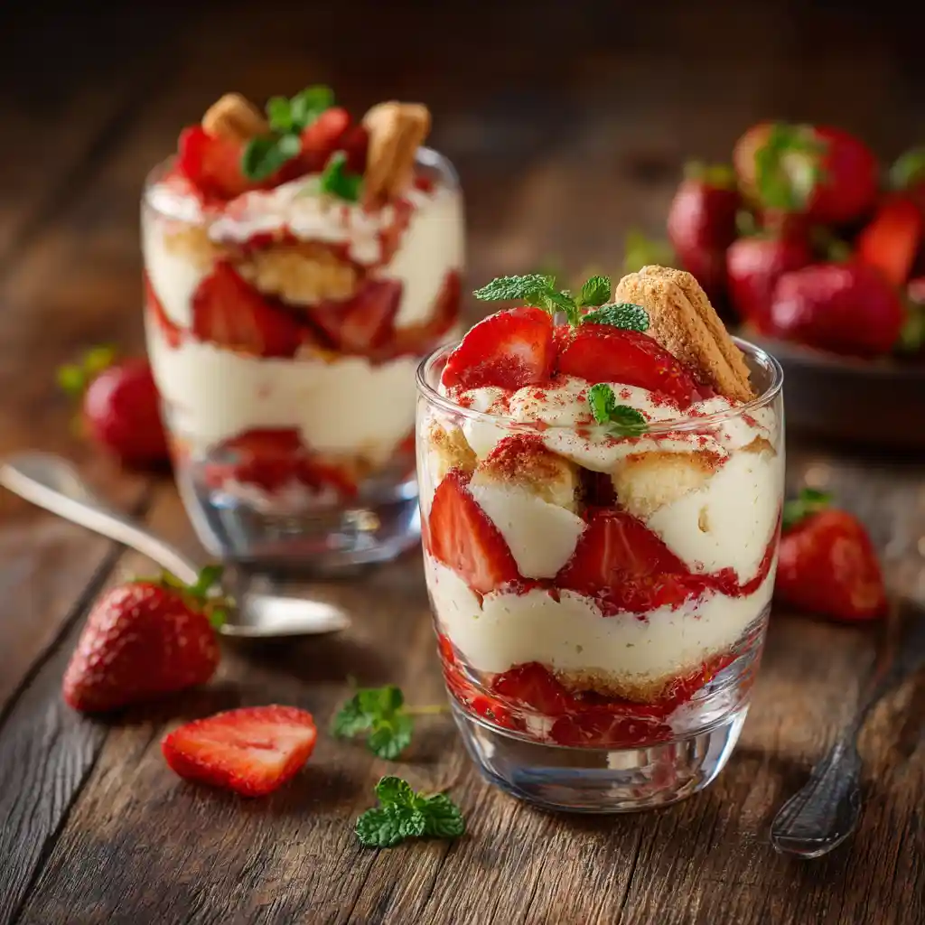 Tiramisu à la fraise fait maison par Chef Benoît, dessert italien aux fraises fraîches dans des verrines élégantes