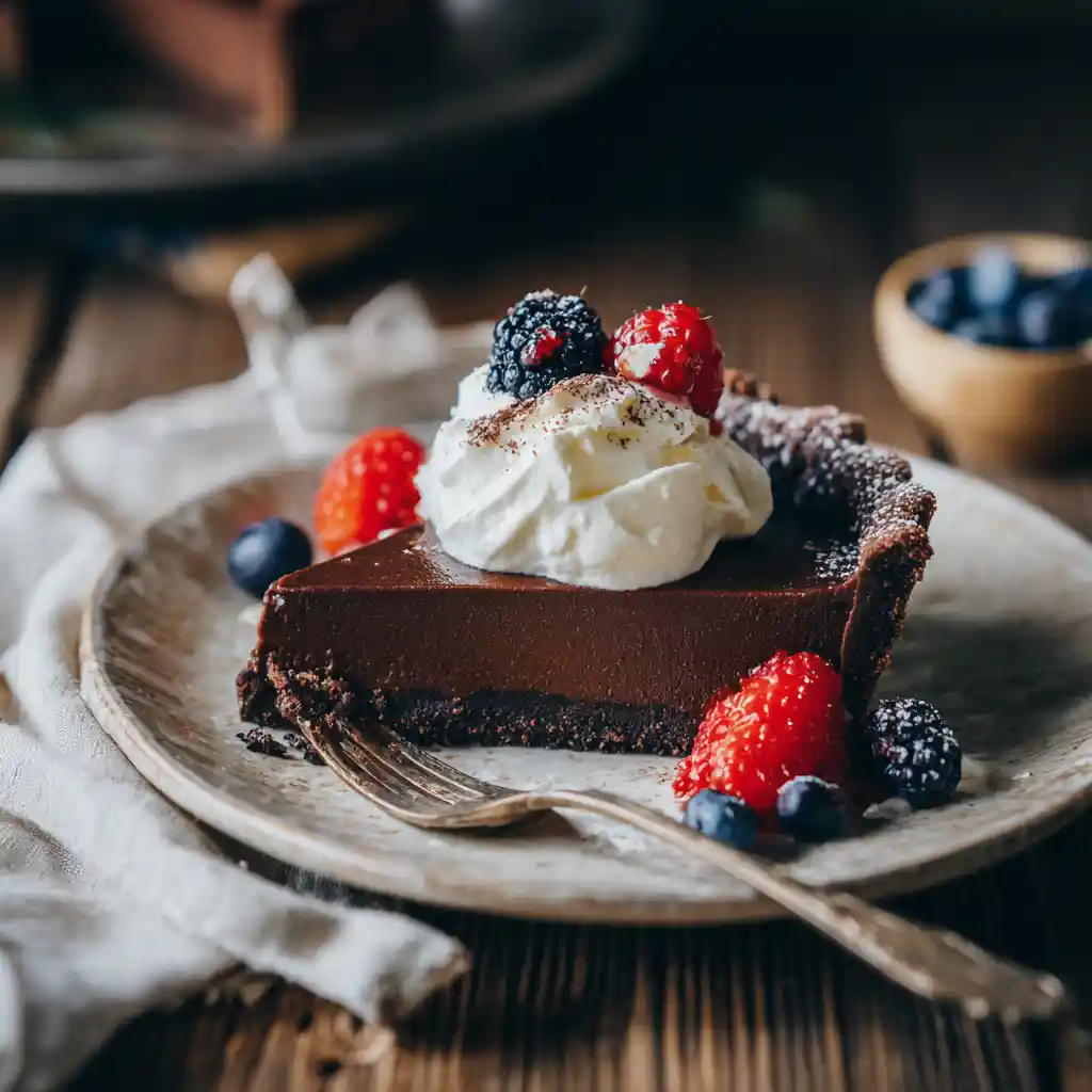 Part de tarte au chocolat servie avec crème