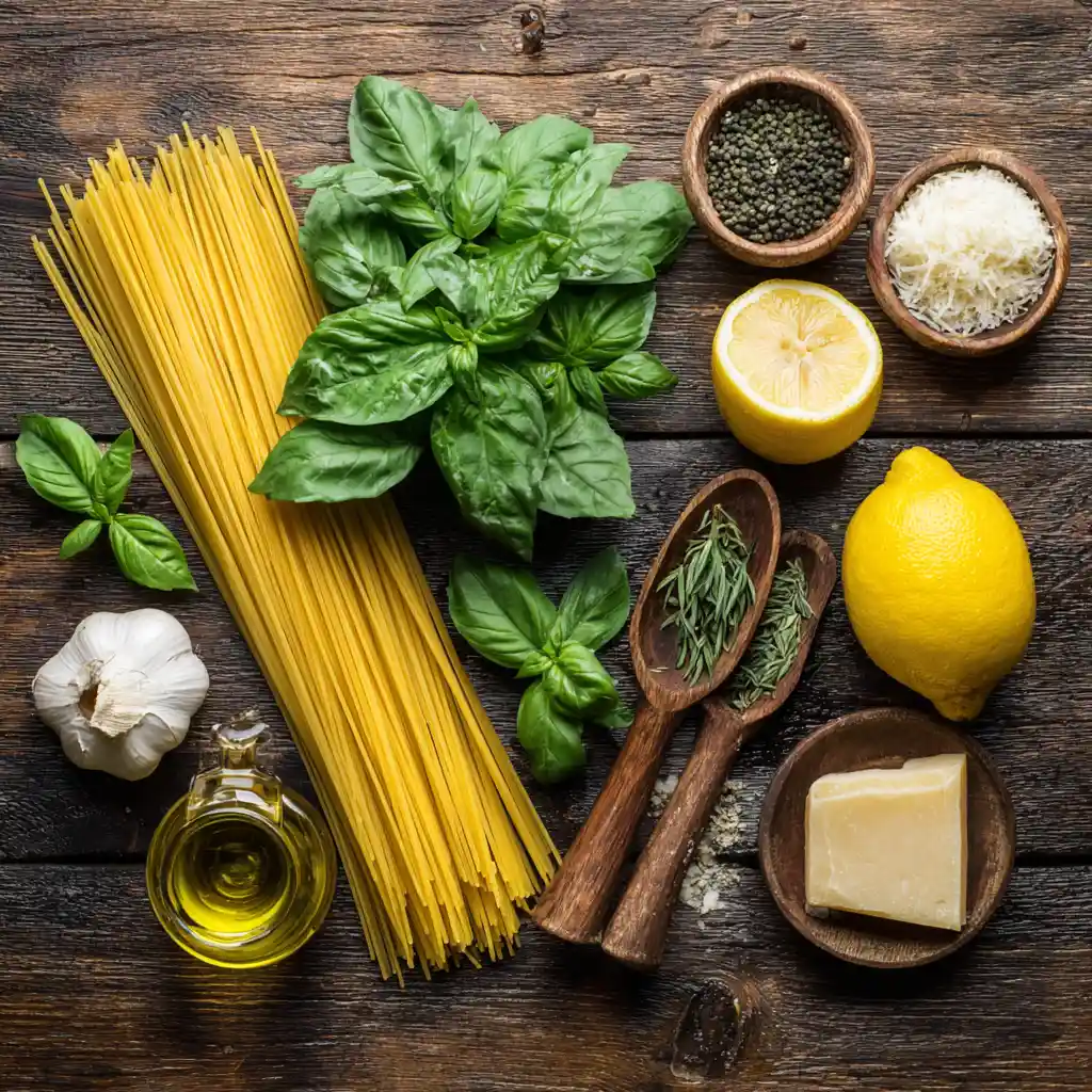 Ingrédients pour une recette de pâtes citron basilic