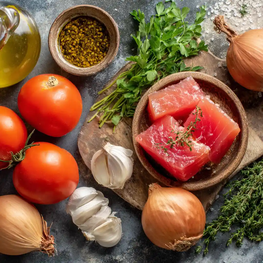Ingrédients pour la recette de thon à la sauce tomate