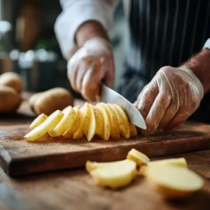 Découpe précise des pommes de terre en bâtonnets d'1 cm de largeur sur planche en bois, technique du Chef Benoît étape 2
