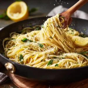 Pâtes citron basilic en cours de cuisson dans la poêle