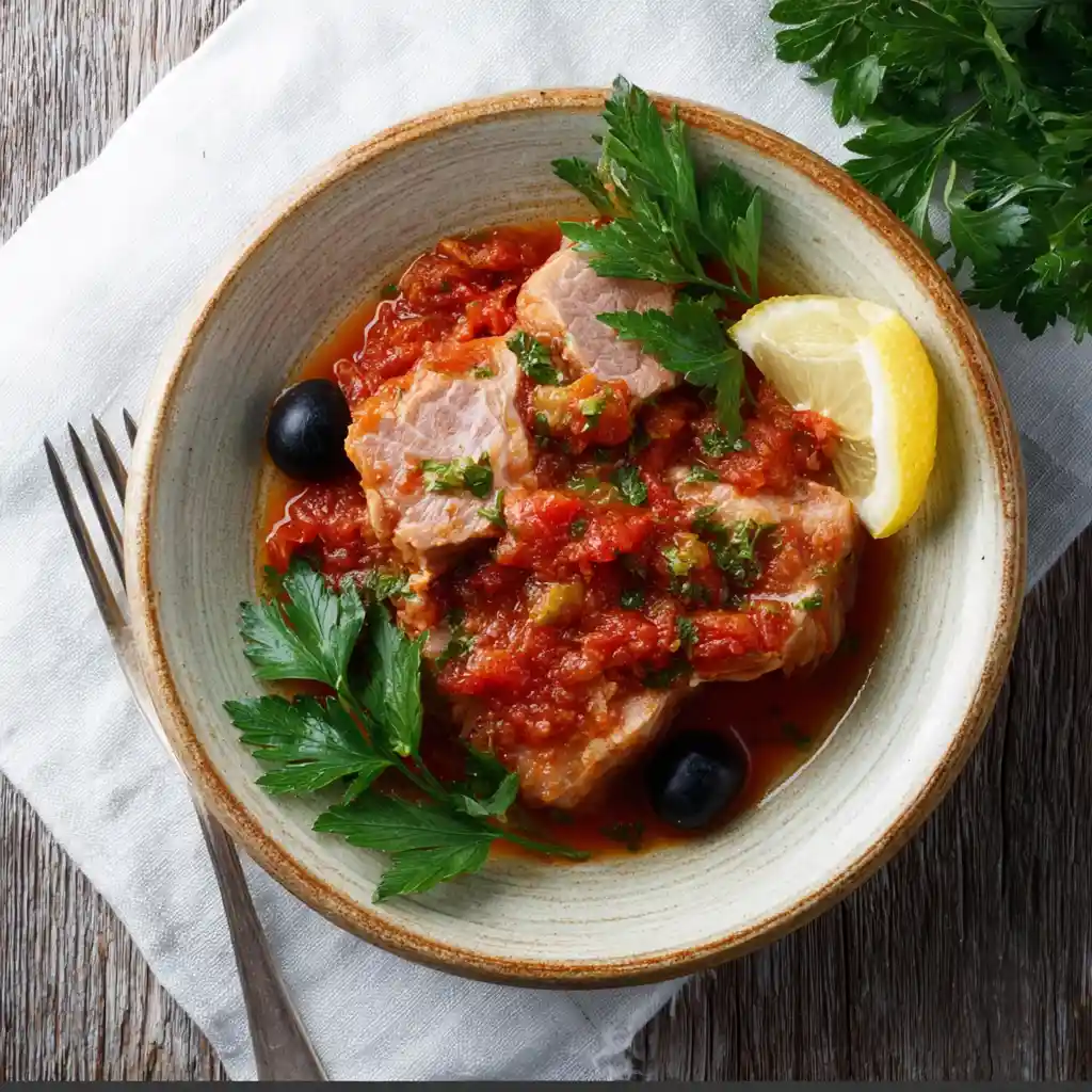 Assiette servie de thon à la sauce tomate