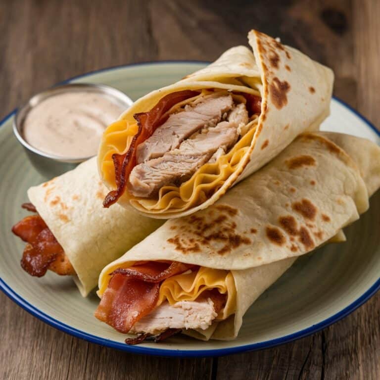 Rouleaux croustillants au poulet, bacon et sauce ranch dorés à la poêle