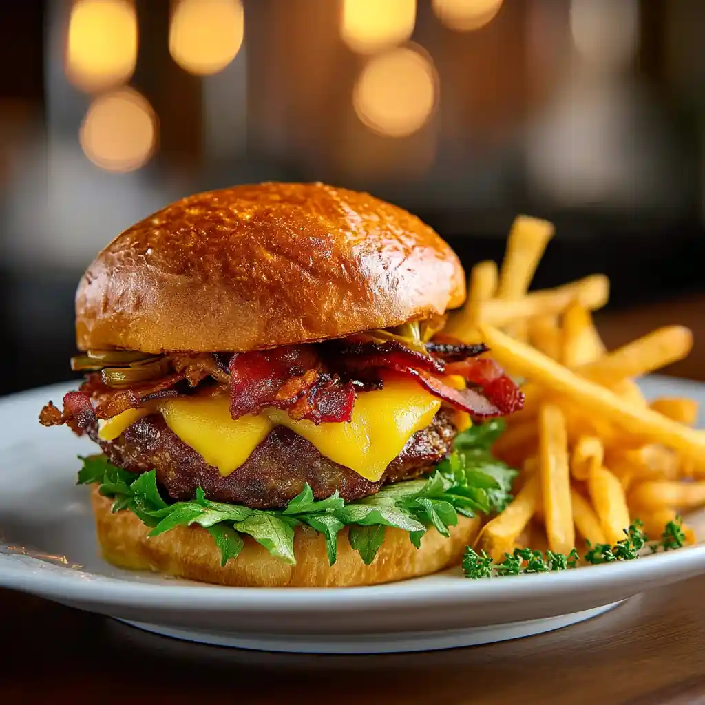 Burger au bacon et cheddar du Chef Benoît servi dans une assiette avec frites maison pour un repas complet