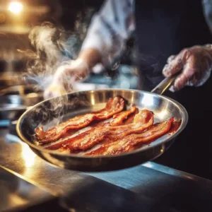 Chef Benoît fait griller des tranches de bacon dans une poêle antiadhésive pour sa recette de burger maison