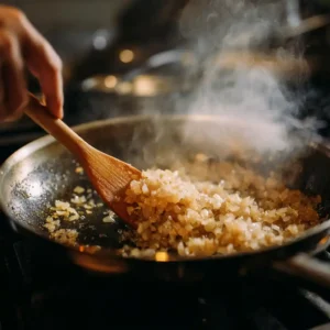 Chef Benoît faisant revenir l'échalote hachée dans l'huile d'olive pour les rouleaux poulet-bacon-ranch