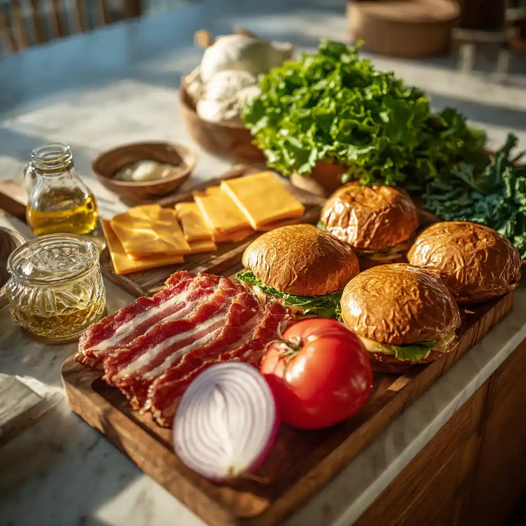 Ingrédients pour la recette de burger au bacon et cheddar du Chef Benoît : pains, steaks, bacon, cheddar, légumes frais