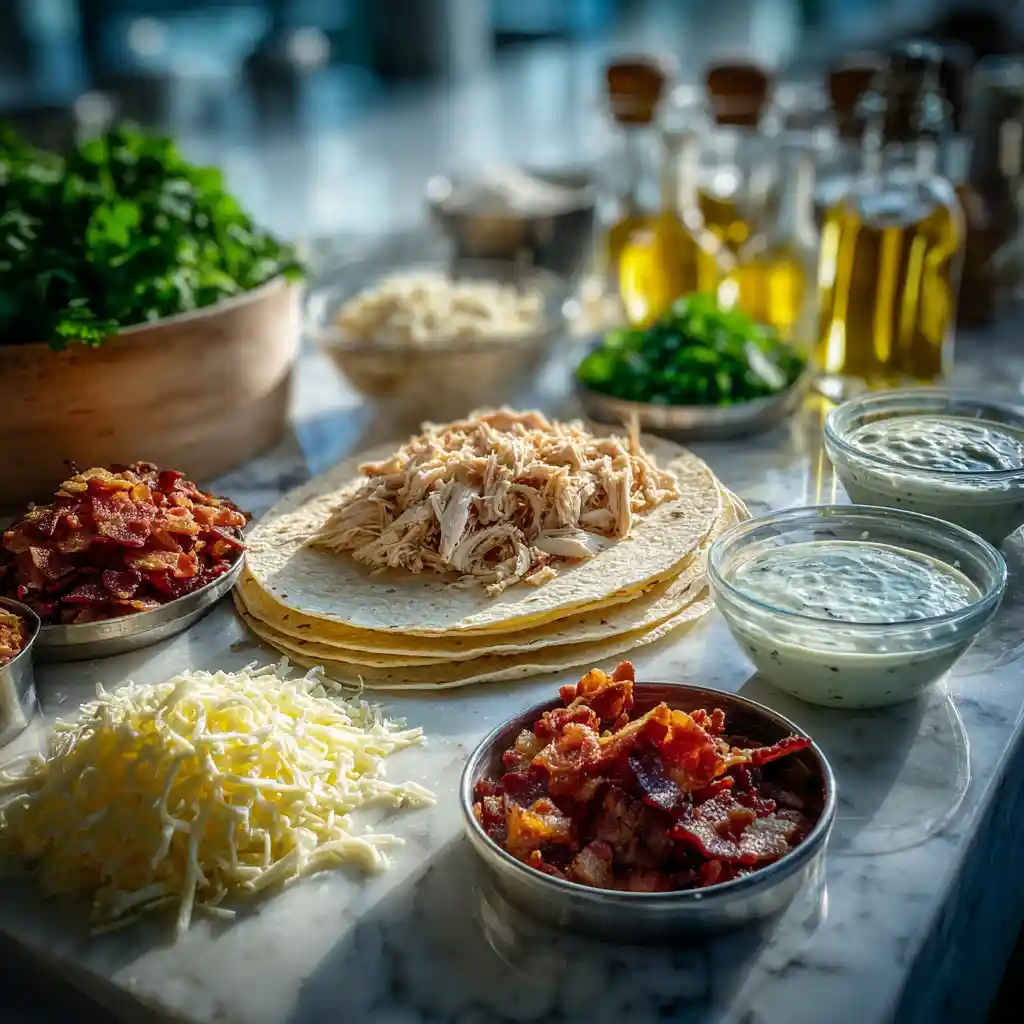 Ingrédients pour rouleaux poulet-bacon-ranch : tortillas, poulet, bacon, fromage, sauce ranch, échalote