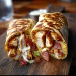 Rouleaux poulet bacon ranch maison coupés montrant la garniture fondante de fromage et bacon croustillant