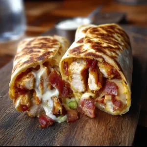 Rouleaux poulet bacon ranch maison coupés montrant la garniture fondante de fromage et bacon croustillant