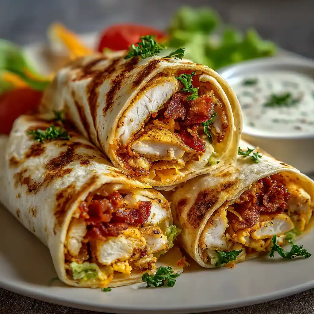 Assiette de rouleaux poulet-bacon-ranch servis avec sauce ranch supplémentaire