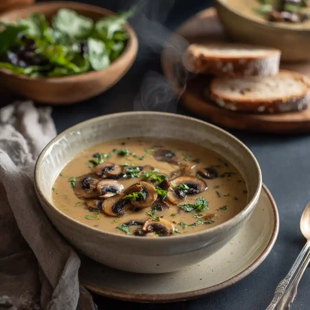 Soupe de champignons ultra-facile servie avec pain