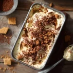 Glace au tiramisu maison dans un bac avec cacao