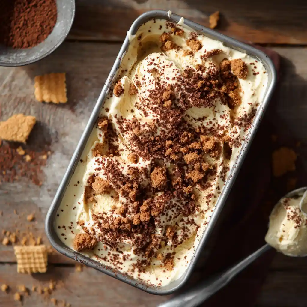 Glace au tiramisu maison dans un bac avec cacao