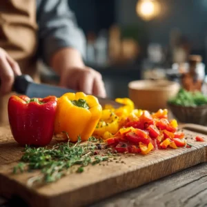 Poivrons rouges et verts cuits épluchés et découpés en cubes réguliers colorés après cuisson 10 minutes eau bouillante technique professionnelle Chef Benoît