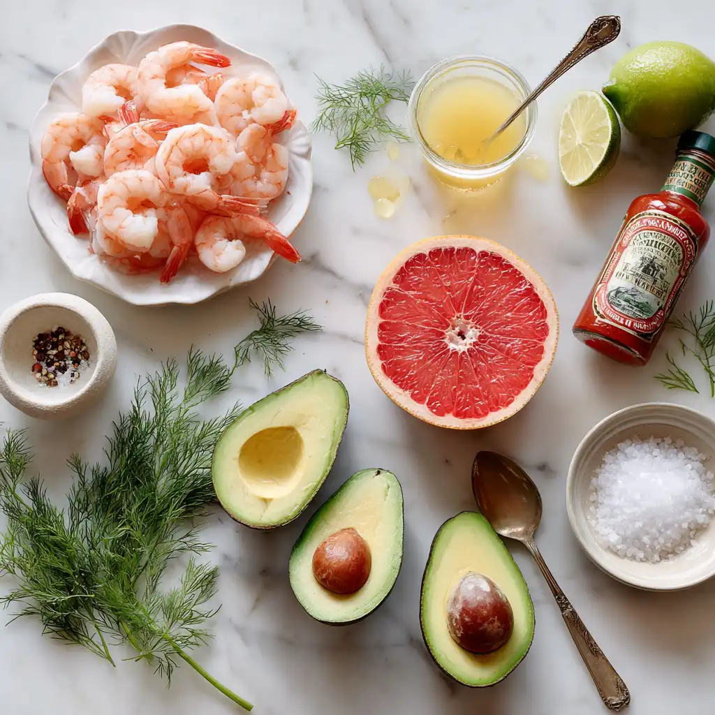 Ingrédients marines premium avocats onctueux crevettes fraîches décortiquées pamplemousse ruby juteux disposés élégamment marbre blanc cuisine de la mer