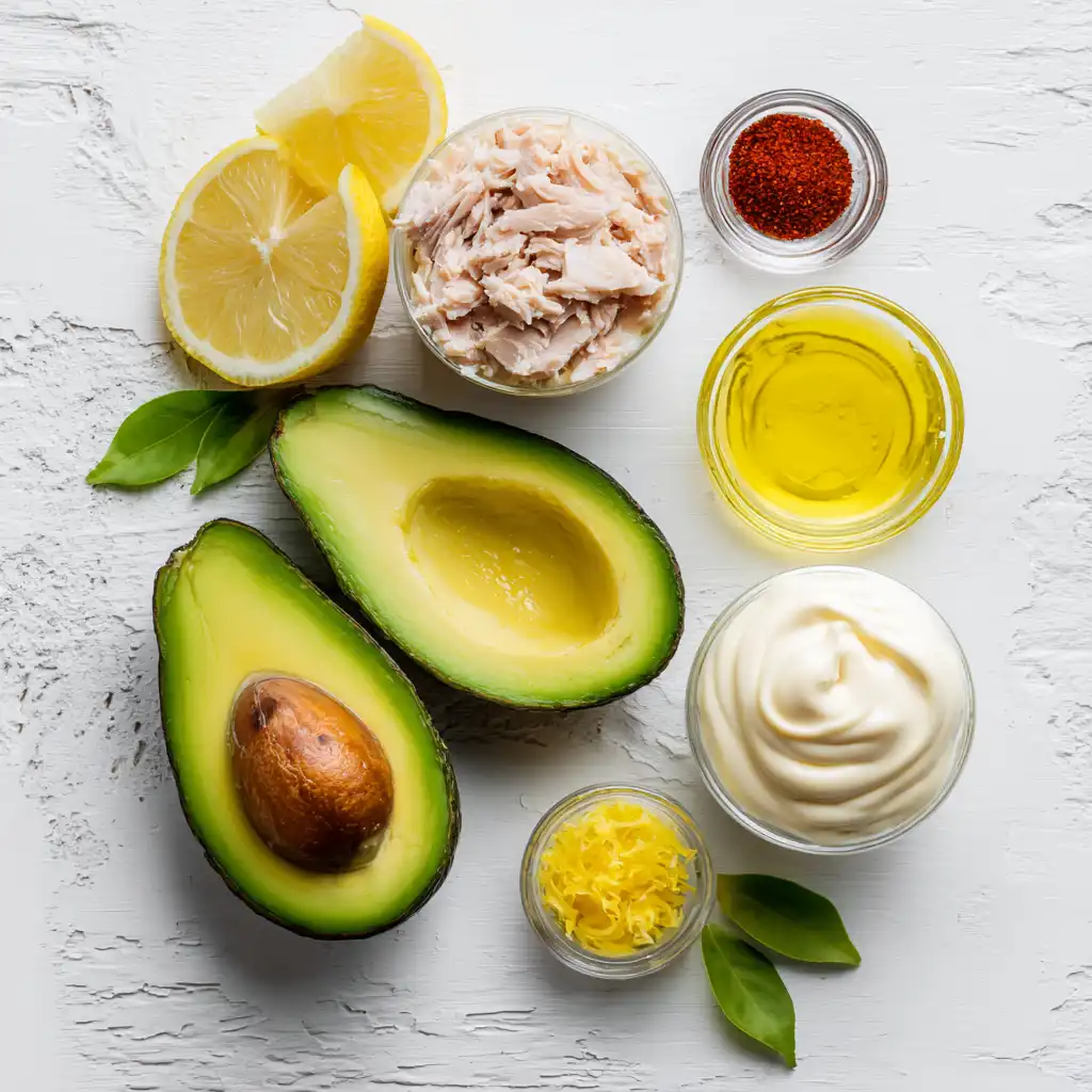 Ingrédients avocat thon avocats mûrs boîte de thon premium citrons frais mayonnaise disposés esthétiquement marbre