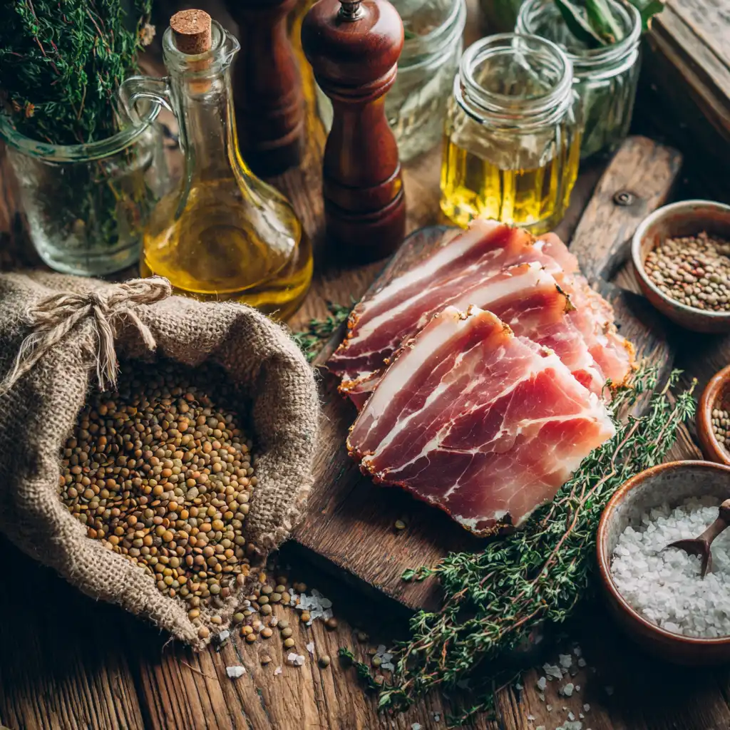 Ingrédients terroir français jambon fumé tranches épaisses artisanal lentilles sèches qualité disposés style rustique bois ancien sac toile jute authentique
