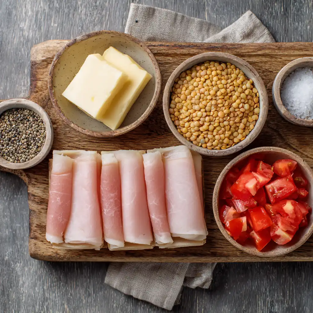 Ingrédients mousse de jambon tranches de filet beurre mou lentilles tomates disposés sur plan de travail cuisine