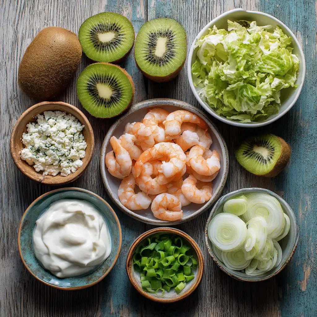 Ingrédients pour verrines de crevettes aux kiwis - kiwis, crevettes roses, salade, crème fraîche