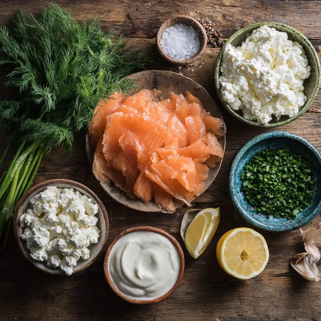 Ingrédients pour verrines de saumon fumé : ricotta, ciboulette, aneth et saumon fumé disposés sur plan de travail