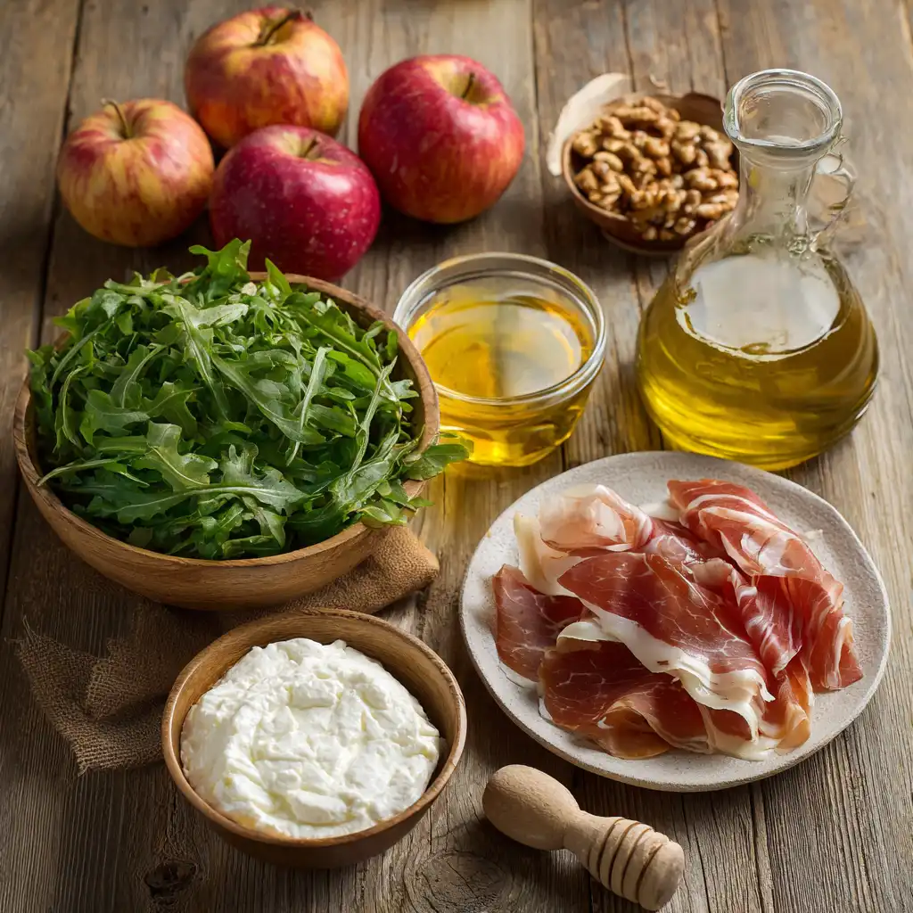 Ingrédients frais pour verrines sucré-salé : pomme, salade, chèvre, jambon fumé