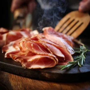 Jambon fumé tranches grillées sur plancha fonte avec belles marques cuisson dorées fumée légère technique grillage professionnelle Chef Benoît