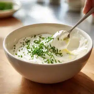 Crème fraîche mélangée au citron et ciboulette dans un bol pour verrines apéritives au crabe