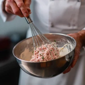 Mousse de jambon onctueuse préparée dans bol avec texture parfaite crémeuse rosée après mélange au beurre